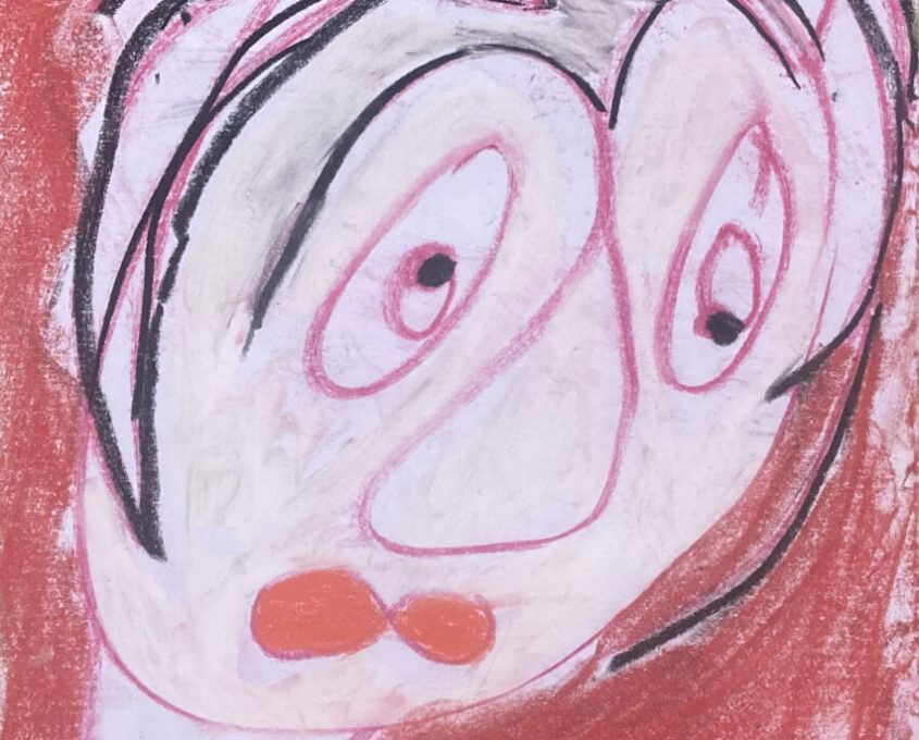 An abstract painting of a face with exaggerated features, including large eyes, a long nose, and red lips. The background is filled with red and white colors, and the face is outlined in black and pink lines.