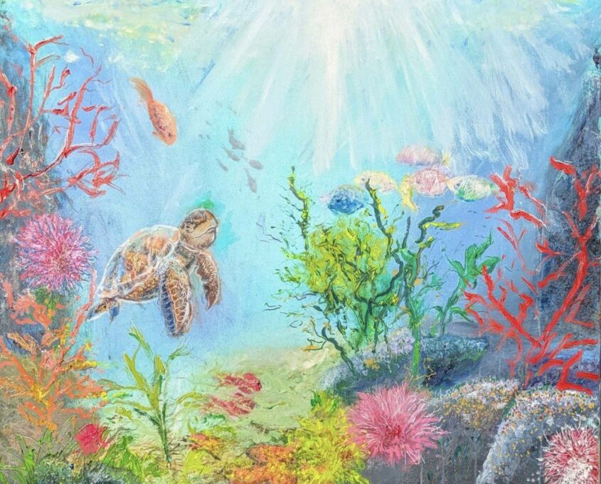 A sea turtle swims through a vibrant coral reef surrounded by colorful fish and illuminated by sunlight filtering through the water.