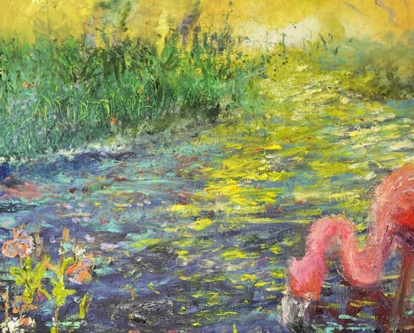 A colorful impressionist-style painting of a flamingo drinking from a vibrant pond surrounded by lush greenery and flowers.