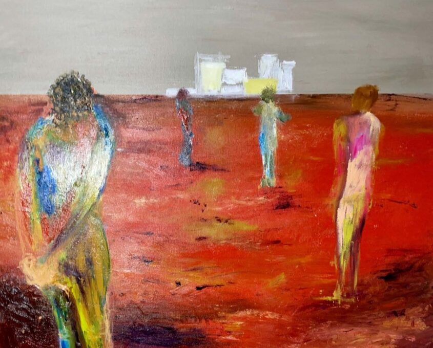 Four abstract human figures stand on a textured red landscape with geometric white and yellow shapes in the background, resembling buildings under a gray sky.