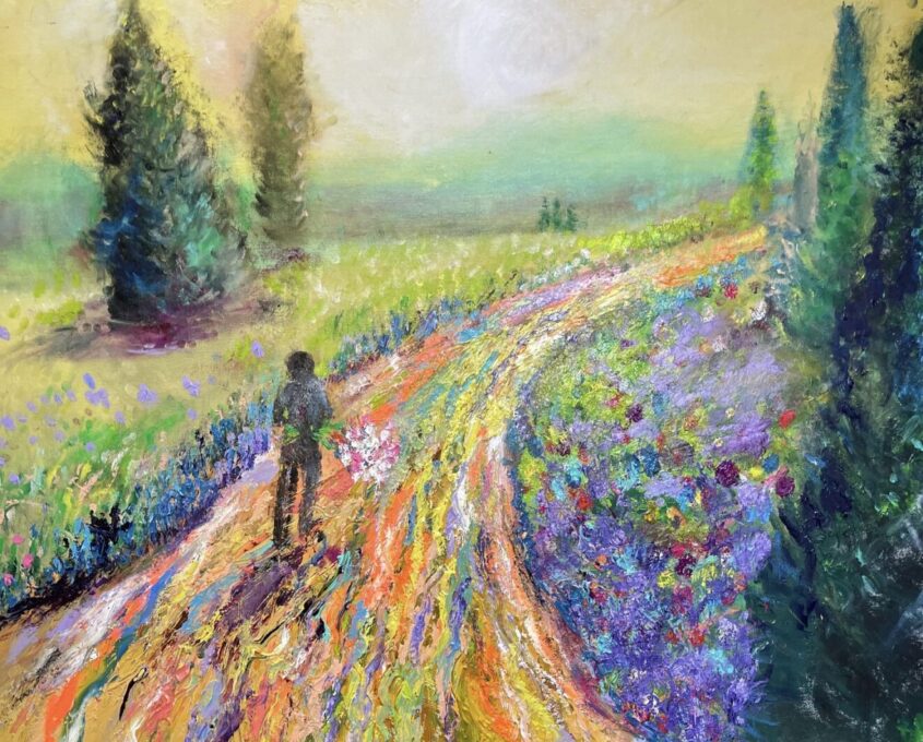 A vibrant painting of a person walking along a colorful, flower-lined path through a bright, sunlit landscape with trees in the distance.