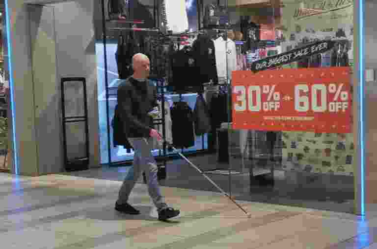 Assistive Technology specialist, Ben Moxey, testing BindiMaps at Stockland Wetherill Park Shopping Centre