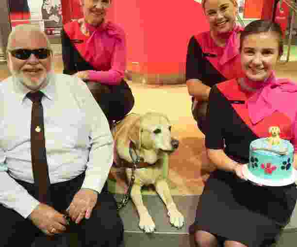 Guide Dog Brogan, sat in between his handler, James Bennet and three members of the Qantas Flight Crew.  One of the flight crew is holding a special cake for Brogan which has a Guide Dog on top.