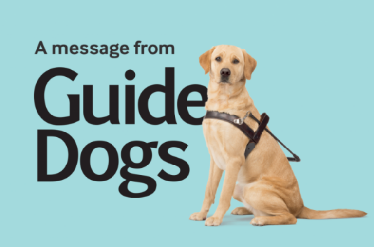 Image reads 'A message from Guide Dogs' with a yellow Guide Dog in harness.