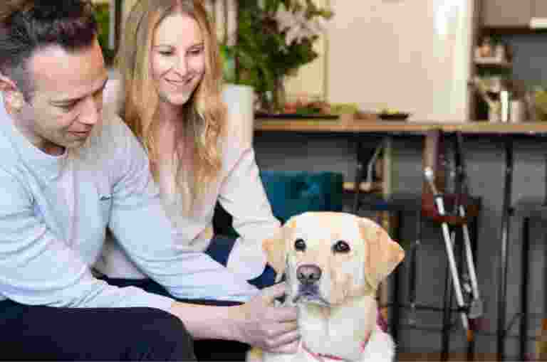 Two people sitting on their couch patting their yellow labrador dog.