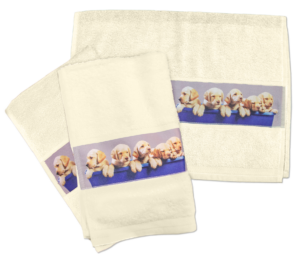 Hand towels featuring images of Labrador puppies.