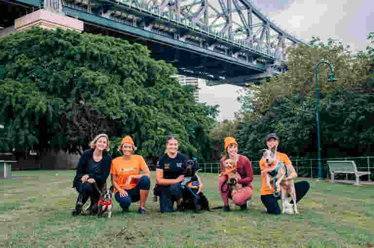5 people crouch down next to thier dogs