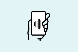 Graphic of a hand, holding a phone with sound waves on the screen