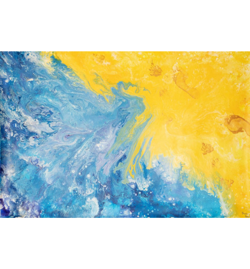 An artwork with blue and yellow paint depicting a beach with footprints and pawprints in the sand.