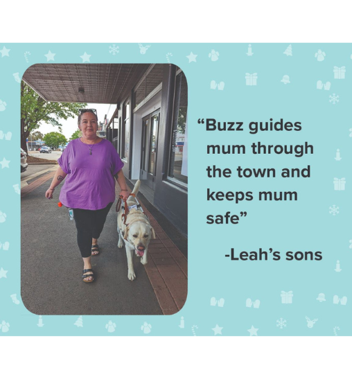 Leah and Buzz walking down the street. Text reads