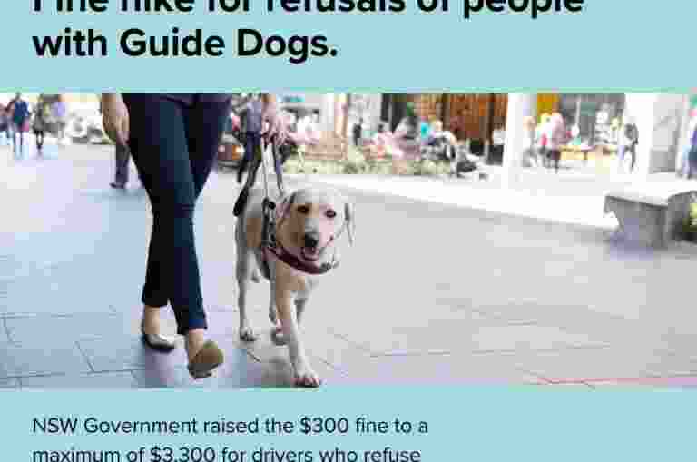 A yellow Labrador Guide Dog walking with a Handler. Text reads: Fine hike for refusals of people with Guide Dogs.