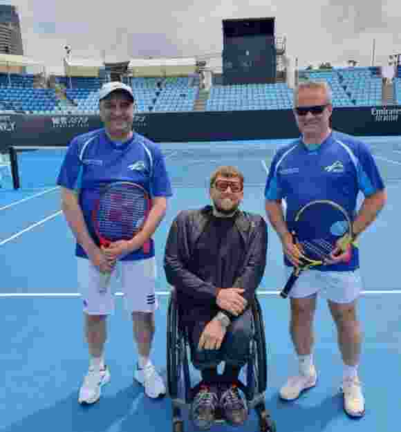 Blind Tennis Players Adam Fayad and Rob Fletcher with Dylan Alcott, Wheelchair Tennis athlete on a tennis court.