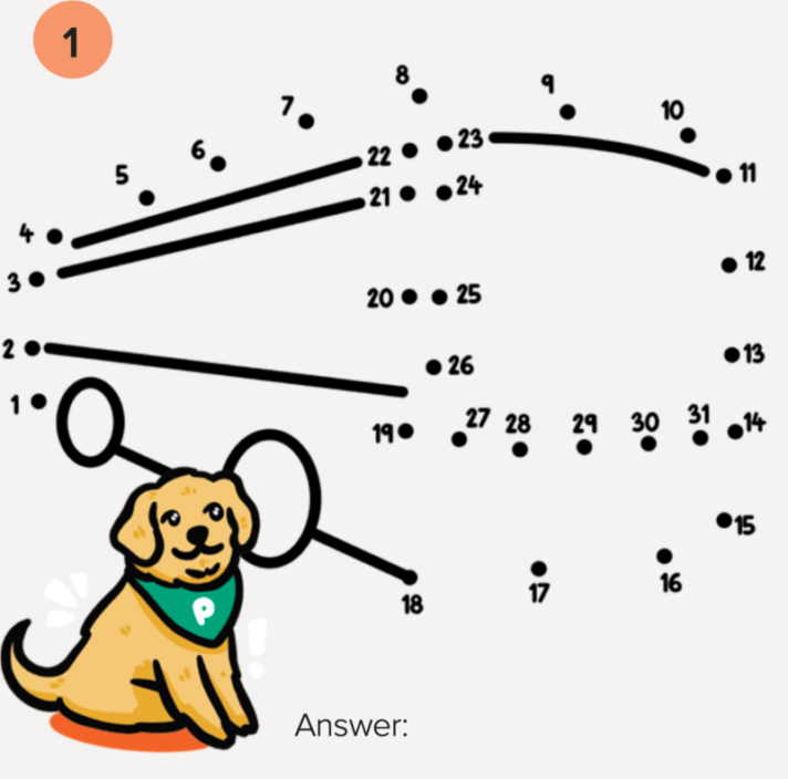 A dot-to-dot activity with cartoon puppy Pip sitting next to a series of numbered dots.