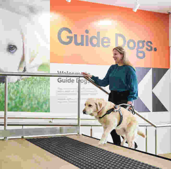 A woman and her yellow Labrador Guide Dog, Poppy walk together up the stairs of the a Guide Dogs office.