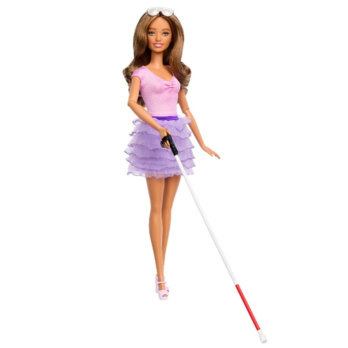 Blind Barbie using her long cane.