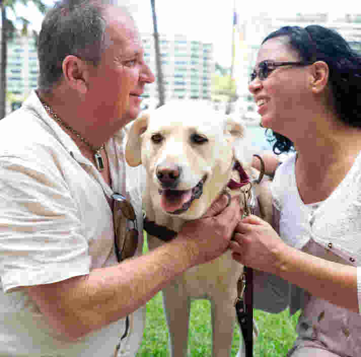 Two people smile at each other over the top of a yellow Labrador Guide Dog's head.