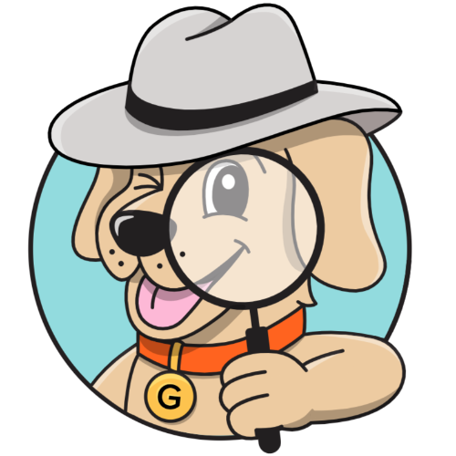 Cartoon illustration of Gulliver the Guide Dog in a detective hat, looking through a magnifying glass.