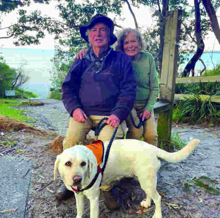 A man and woman sitting on a bench by the beach with a yellow Labrador in Therapy Dog harness