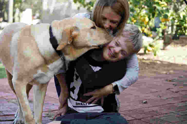 A laughing child being licked by a Yellow Labrador as he's also hugged by a woman