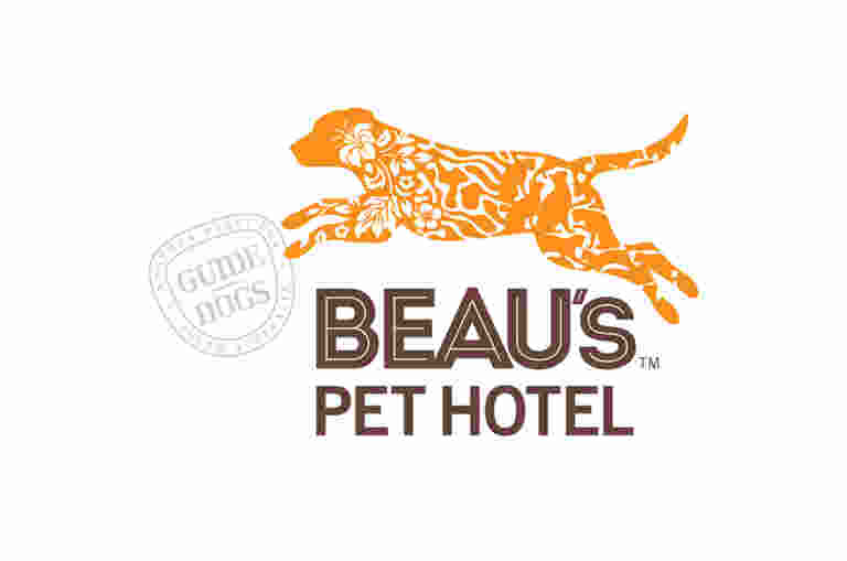 Beau's Pet Hotel logo shows an orange dog jumping over brown text that says 'Beau's Pet Hotel'