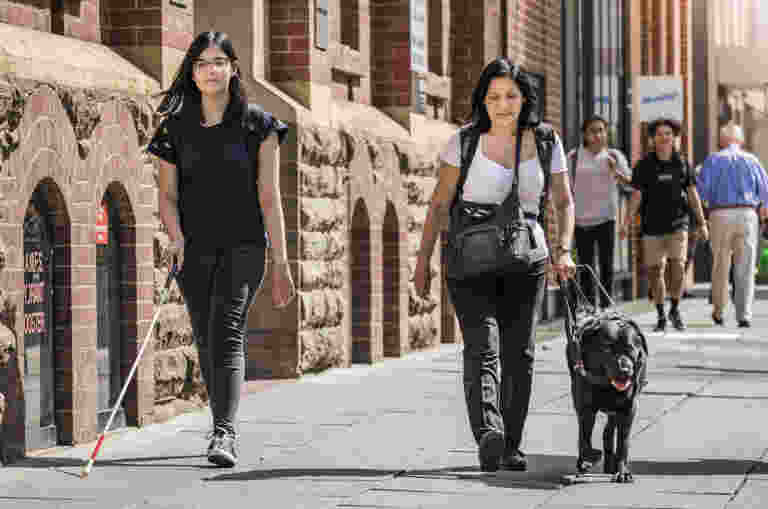 A woman with a white cane and a woman with a Guide Dog are walking side-by-side along a busy footpath.