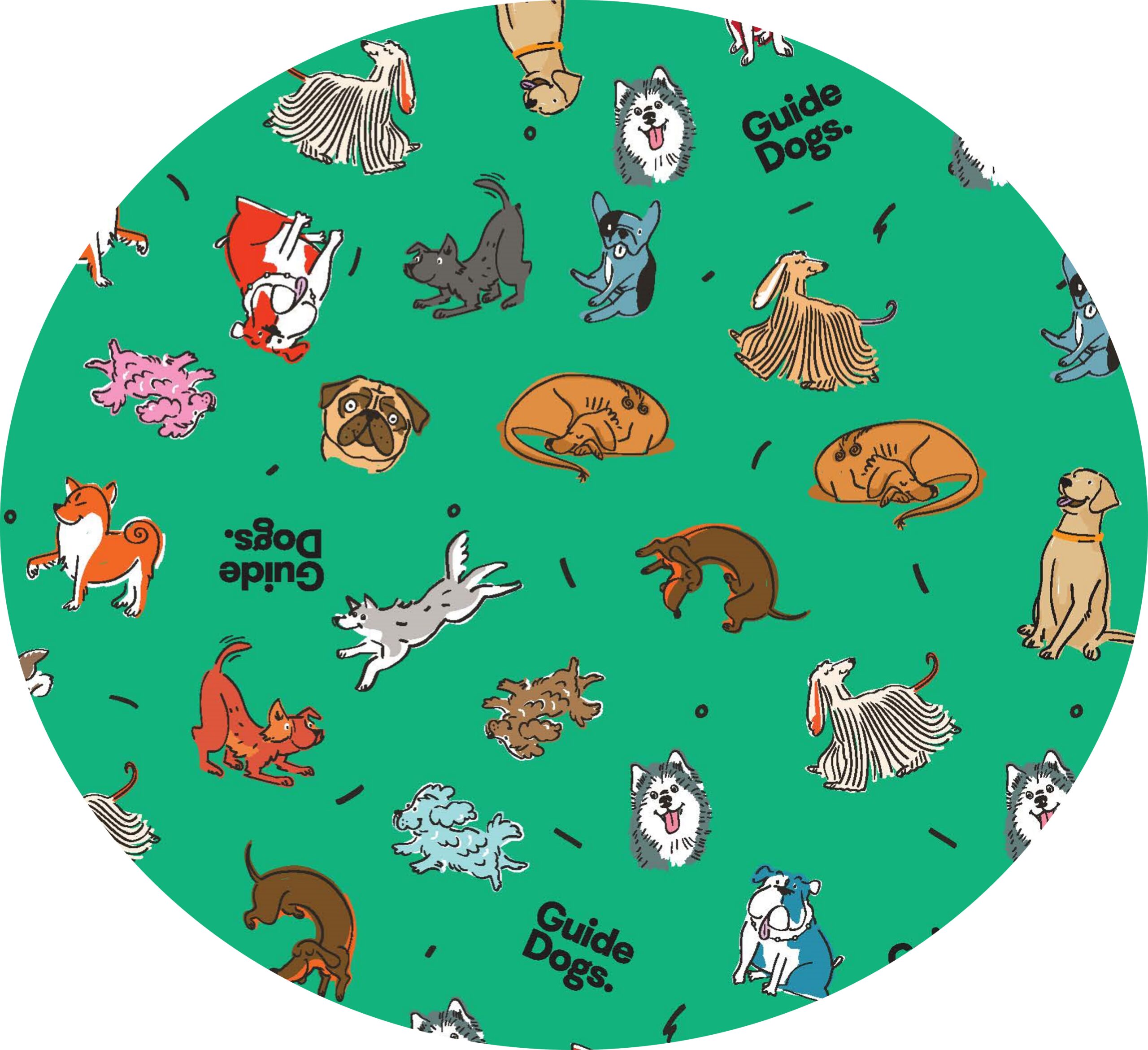 Illustration of various dog breeds on a green background with the words "Guide Dogs" scattered throughout on a bandana available in two sizes.