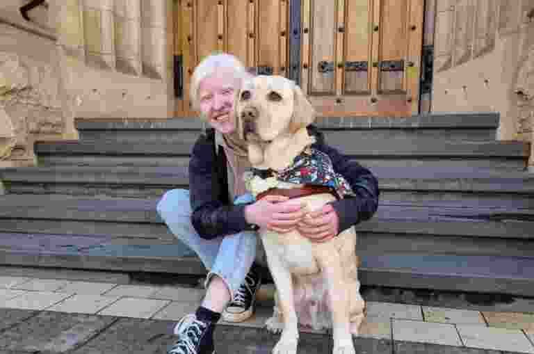 Person sitting on steps outside a building, hugging a Labrador wearing a colorful harness.