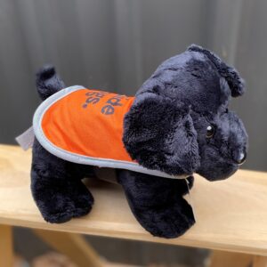 The Plush Dog - Standing, a black plush dog toy in an orange vest, is positioned on a wooden surface.