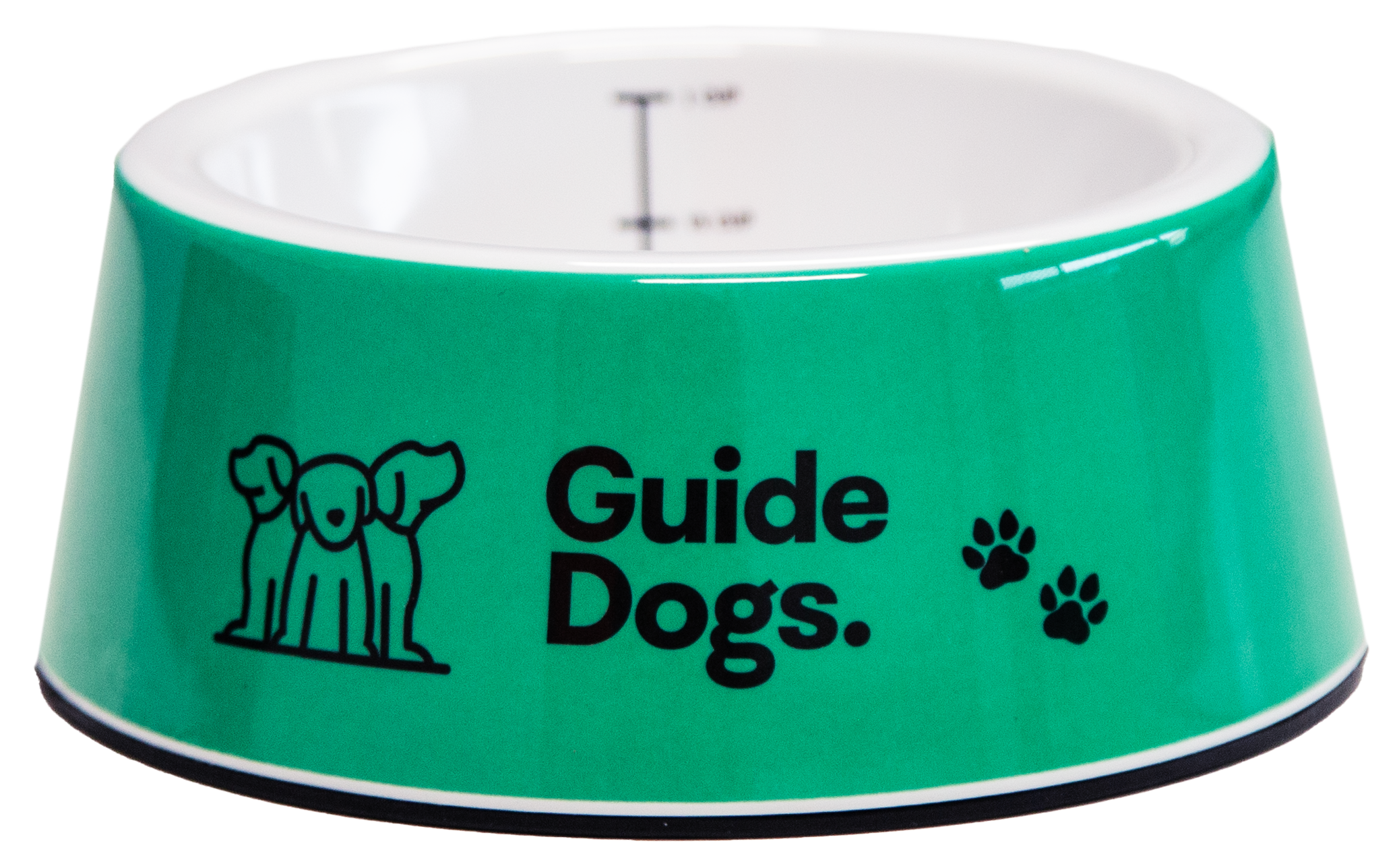 Green dog bowl with Guide Dogs text, paw prints, and a dog graphic.