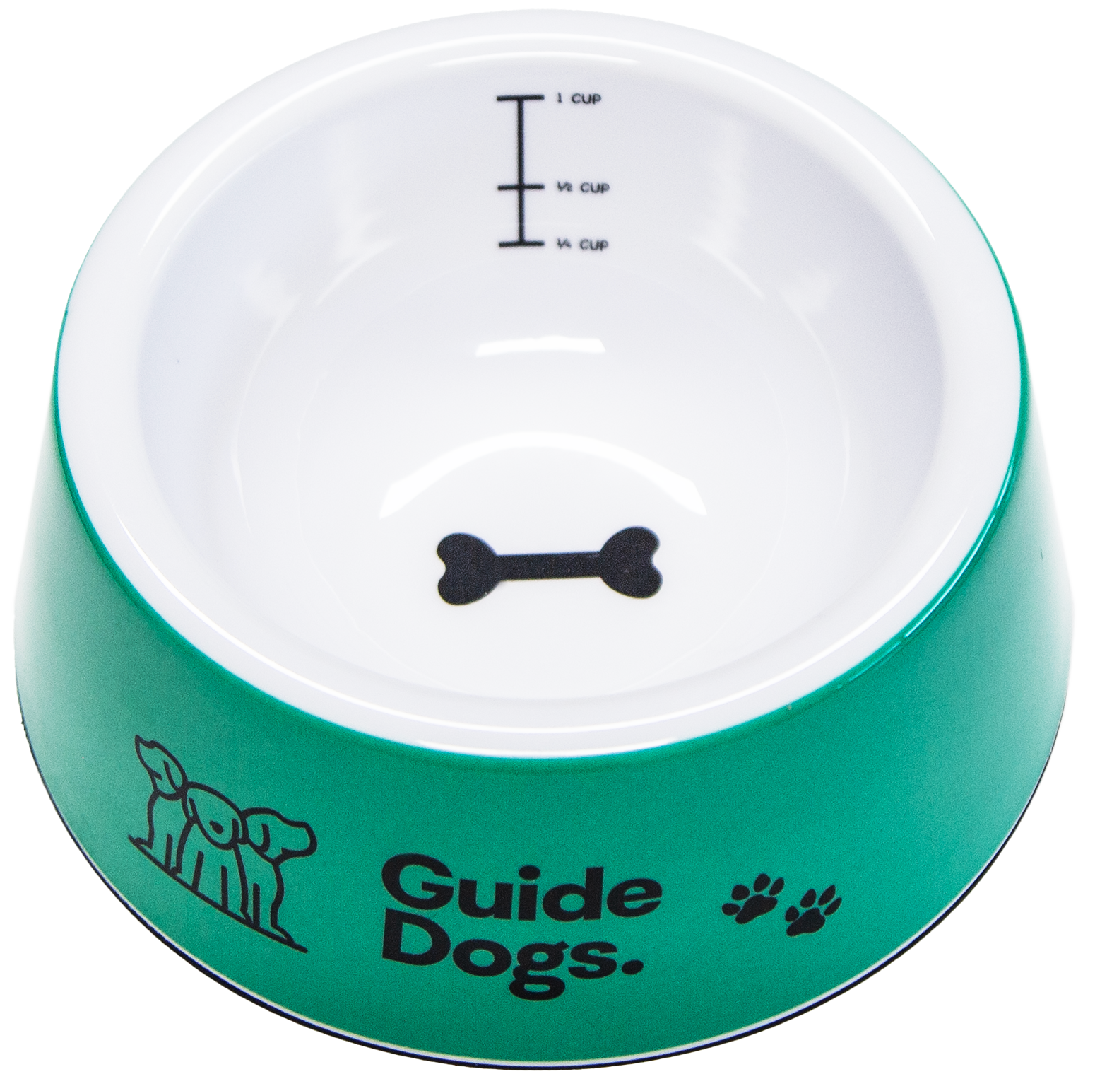 Green pet bowl with Guide Dogs text and a black bone design inside. Measurement markings for 1/4 cup, 1/2 cup, and 1 cup.