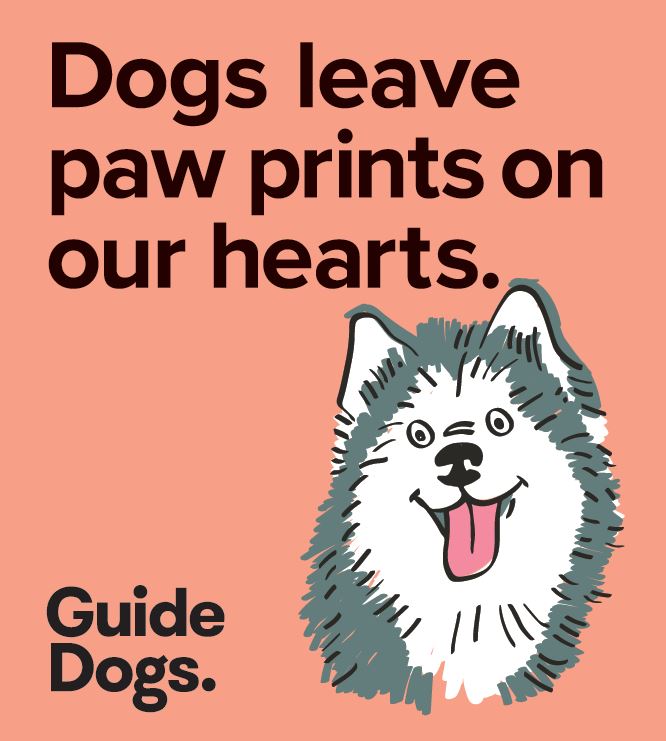 Illustration of a happy dog with the text "Dogs leave paw prints on our hearts. Guide Dogs." set against a peach background, available as part of the Magnets - 5 Pack.
