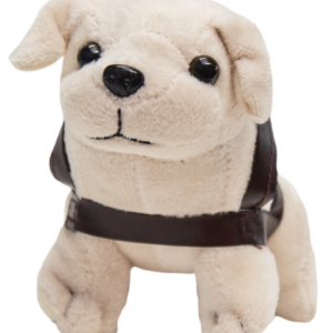 A Mini Plush Dog featuring a light beige body and black eyes, adorned with a dark brown harness, displayed against a white background.