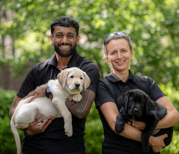 The photos shows Robbie, Puppy Raiser Advisor holding a yellow Labrador Puppy and Leigh, Assistance Dog Trainer, holding a black Labrador puppy.