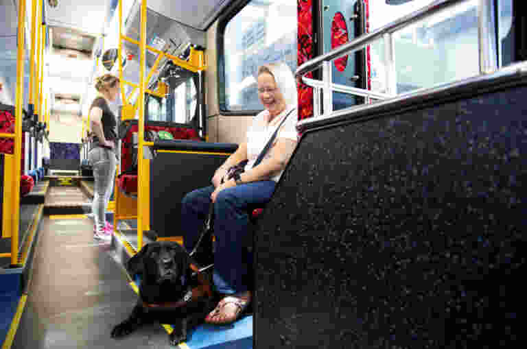 A woman sits on a bus with a guide dog at her feet. Another passenger stands in the aisle. The bus has red and black seats.