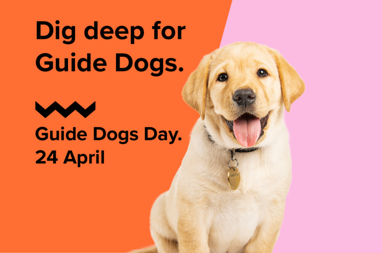A golden retriever puppy sits beside text promoting Guide Dogs Day on April 24, with an orange and pink background.
