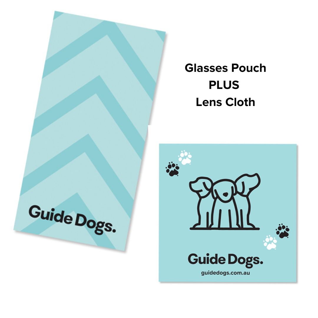Glasses Pouch in blue with a chevron pattern, accompanied by a lens cloth illustrated with a guide dog and paw prints. Both items prominently feature the Guide Dogs branding.
