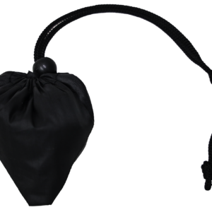 A black Foldable Bag with a long cord, cinched at the top with a bead.