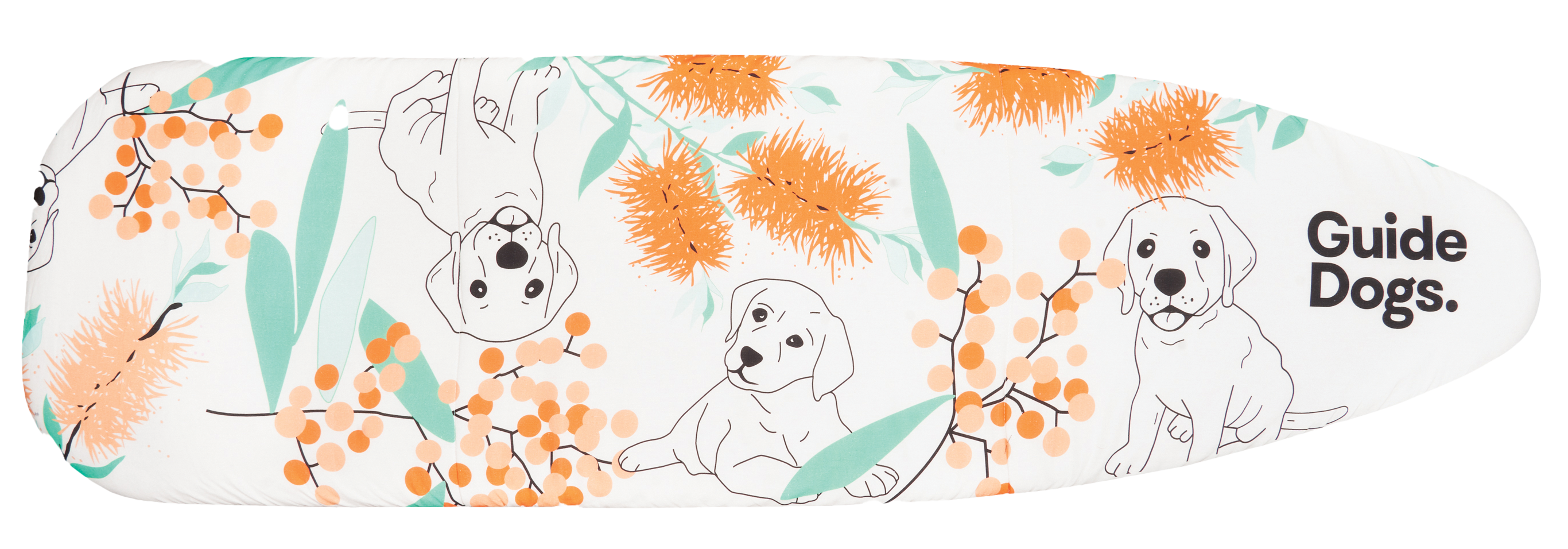 Ironing board cover featuring floral illustrations of puppies and the phrase "Guide Dogs.