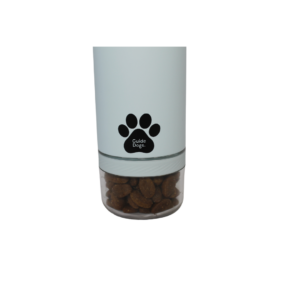 Image shows light blue container with a black paw print logo labeled “Guide Dogs,” with brown kibble inside a clear bottom compartment.