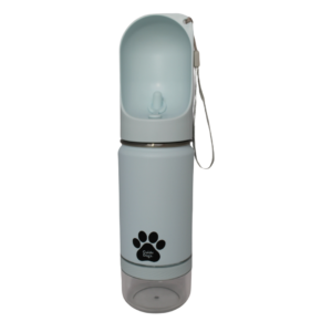 Image shows a light blue portable water bottle for pets with a spout and a clear bottom compartment. The bottle has a strap for easy carrying.