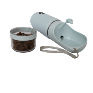 Image shows a light blue portable water bottle for pets with a spout and a detachable bowl containing kibble. The bottle has a strap for easy carrying.