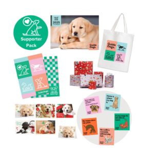 Guide Dogs Supporter Pack including a puppy-themed calendar, tote bag, greeting cards, stickers, and gift wrap.