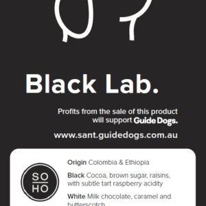 Coffee label for Black Lab. Profits support Guide Dogs. Features cocoa, brown sugar, and raspberry notes. Available in 250g, 500g, and 1kg. Contact info and website provided.