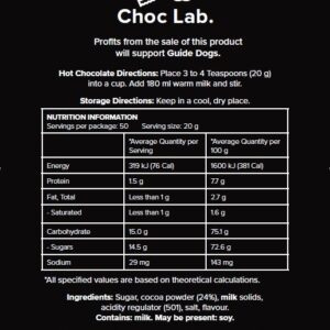 Hot chocolate mix packaging includes ingredient details, nutritional information per serving, and guide dog support. Produced by Australian Coffee Distributors, it has a net weight of 1kg.