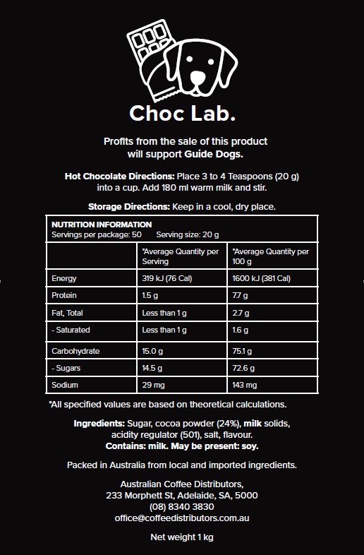Hot chocolate mix packaging includes ingredient details, nutritional information per serving, and guide dog support. Produced by Australian Coffee Distributors, it has a net weight of 1kg.