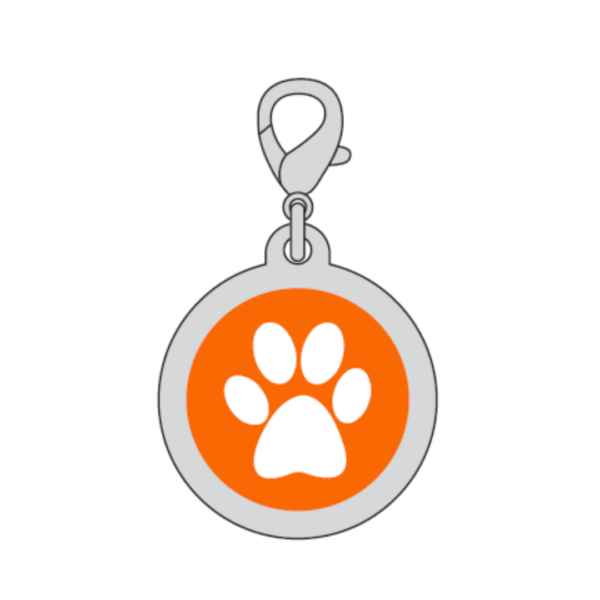 Illustration of a shoe Paw print charm featuring an orange circle with a white paw print at the center, complete with a metal clasp.