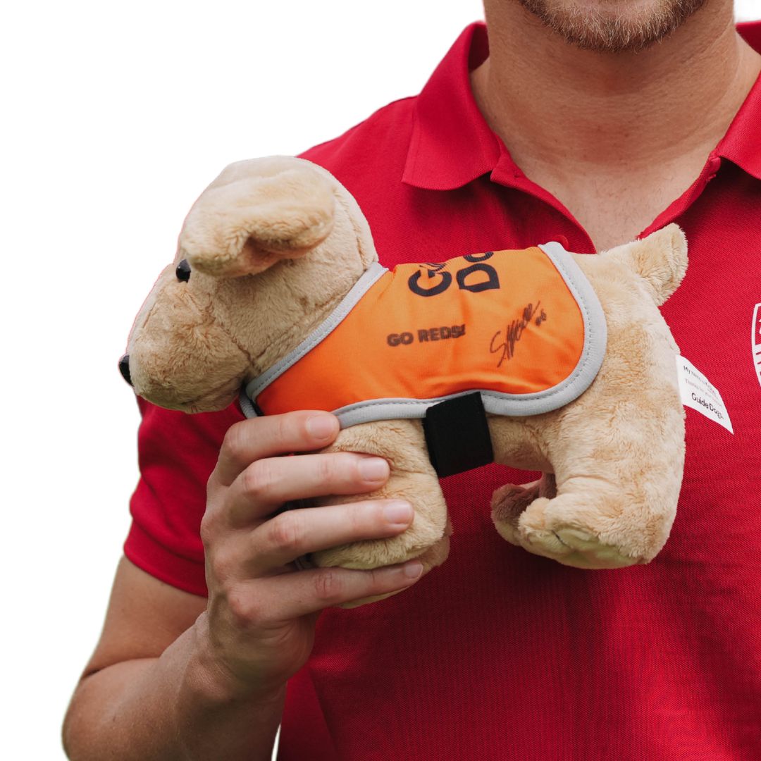 A person in a red shirt is holding a cream plush dog that has an orange vest with GO REDS text and an autograph.