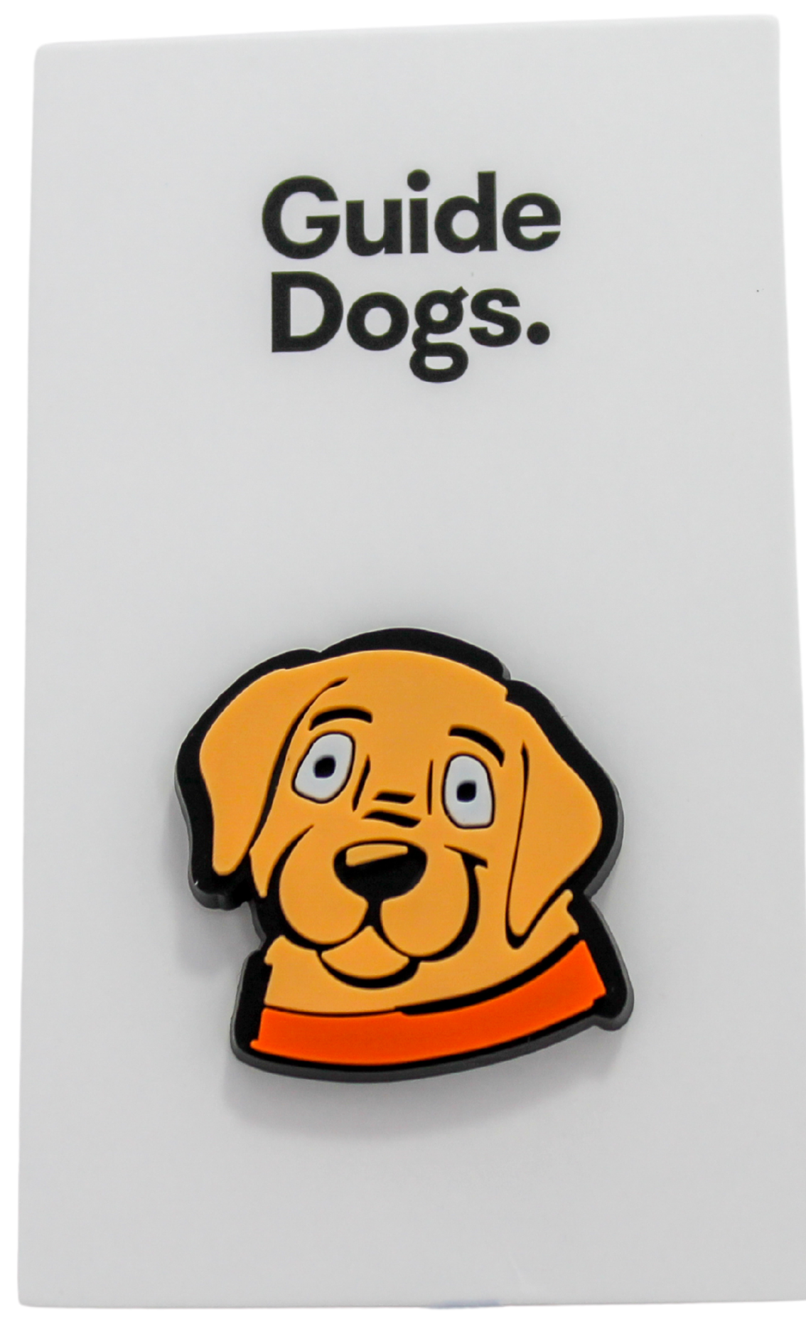 The Shoe Charm displays a cartoon dogs face with an orange collar and is attached to a card labeled Guide Dogs.