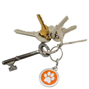 A set of keys with a vintage key and a keychain featuring the Paw Print Charm in orange.