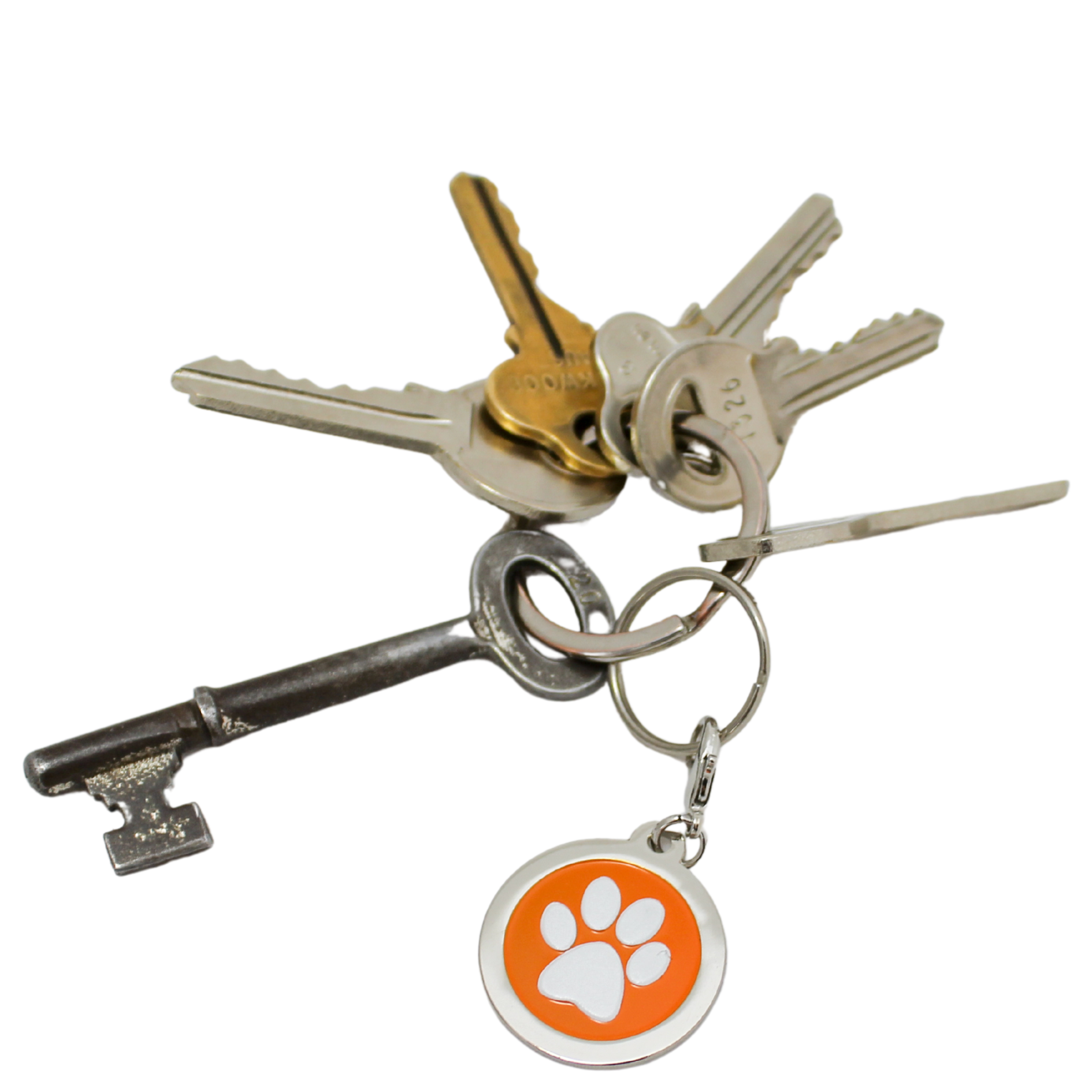A set of keys with a vintage key and a keychain featuring the Paw Print Charm in orange.